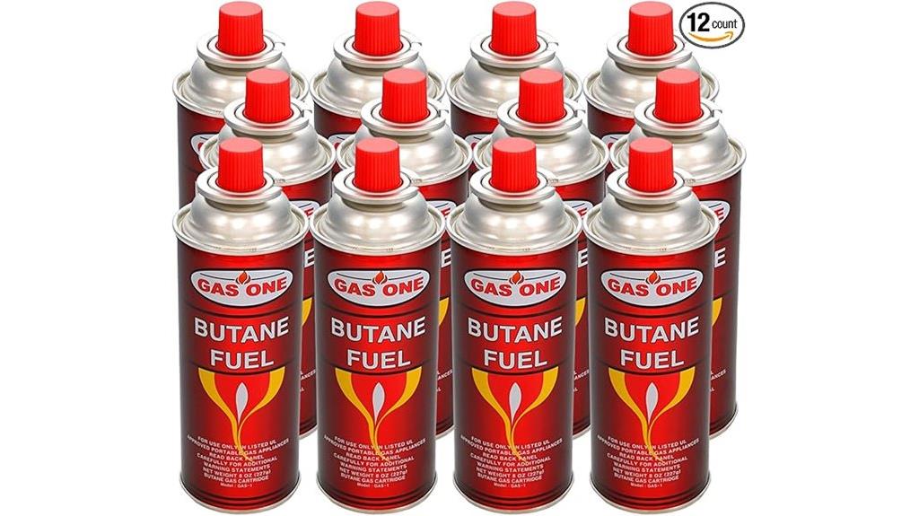twelve portable butane canisters